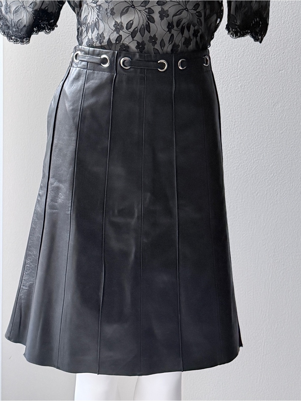 Black Leather A-Line Skirt with Grommet Waist